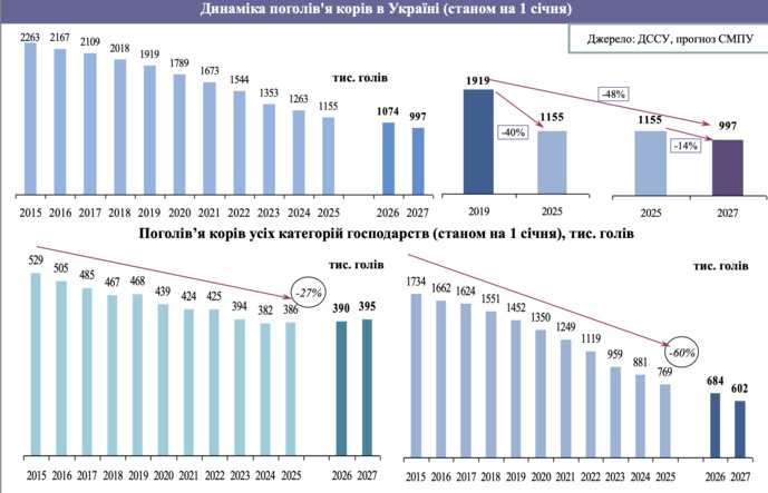 Зображення кількість поголів'я корів в Україні станом на січень 2025 року